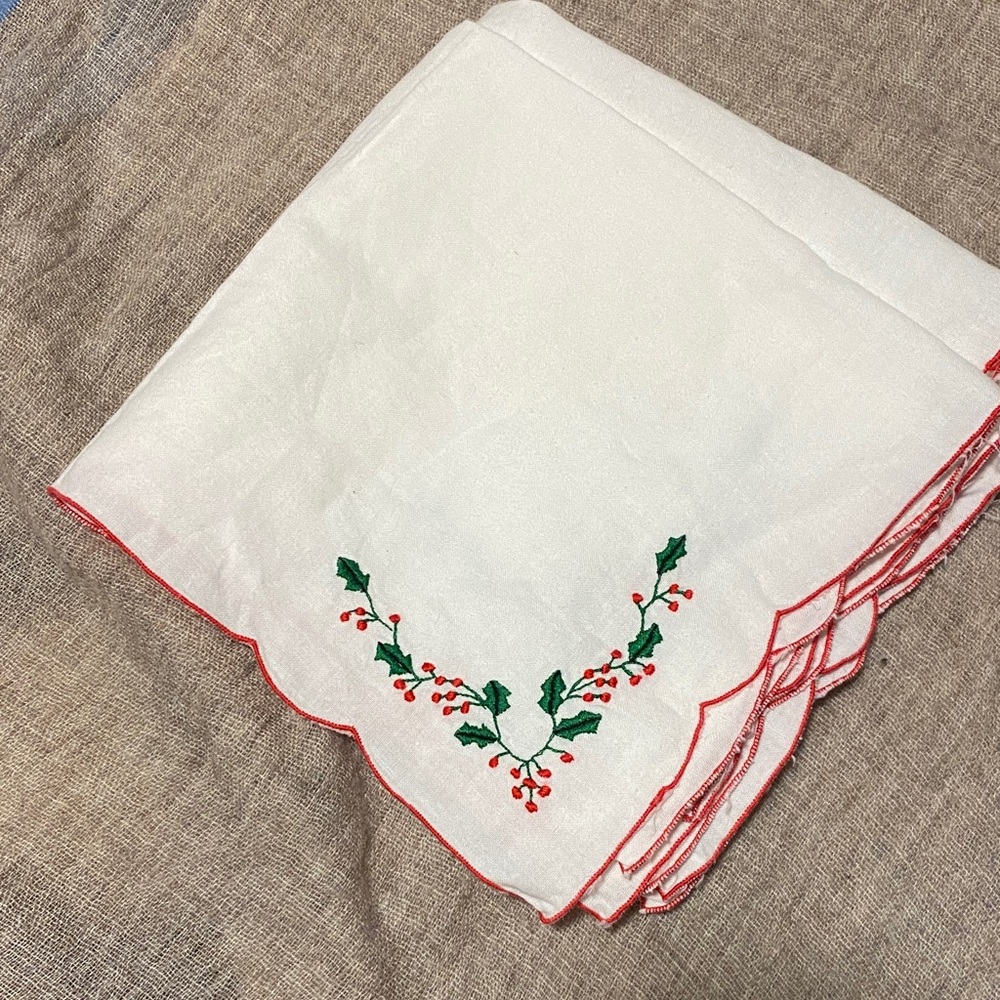 Floral Embroidered White Linen Tablecloth